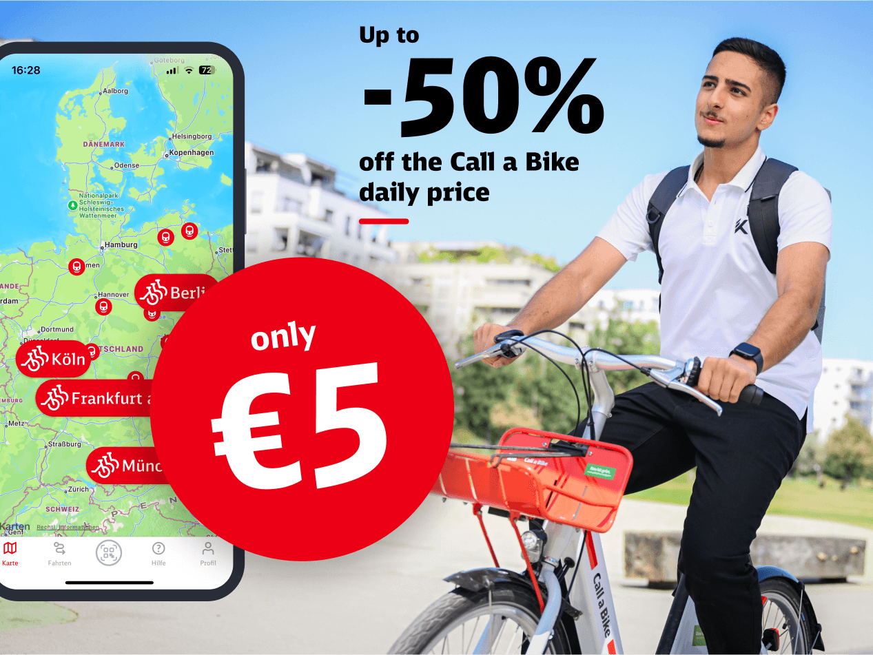 An image of a young man riding a Call a Bike through the park. Above the image, there is a phone screenshot displaying the Call a Bike app along with the text: Up to 50% off the Call a Bike daily price. Only €5.