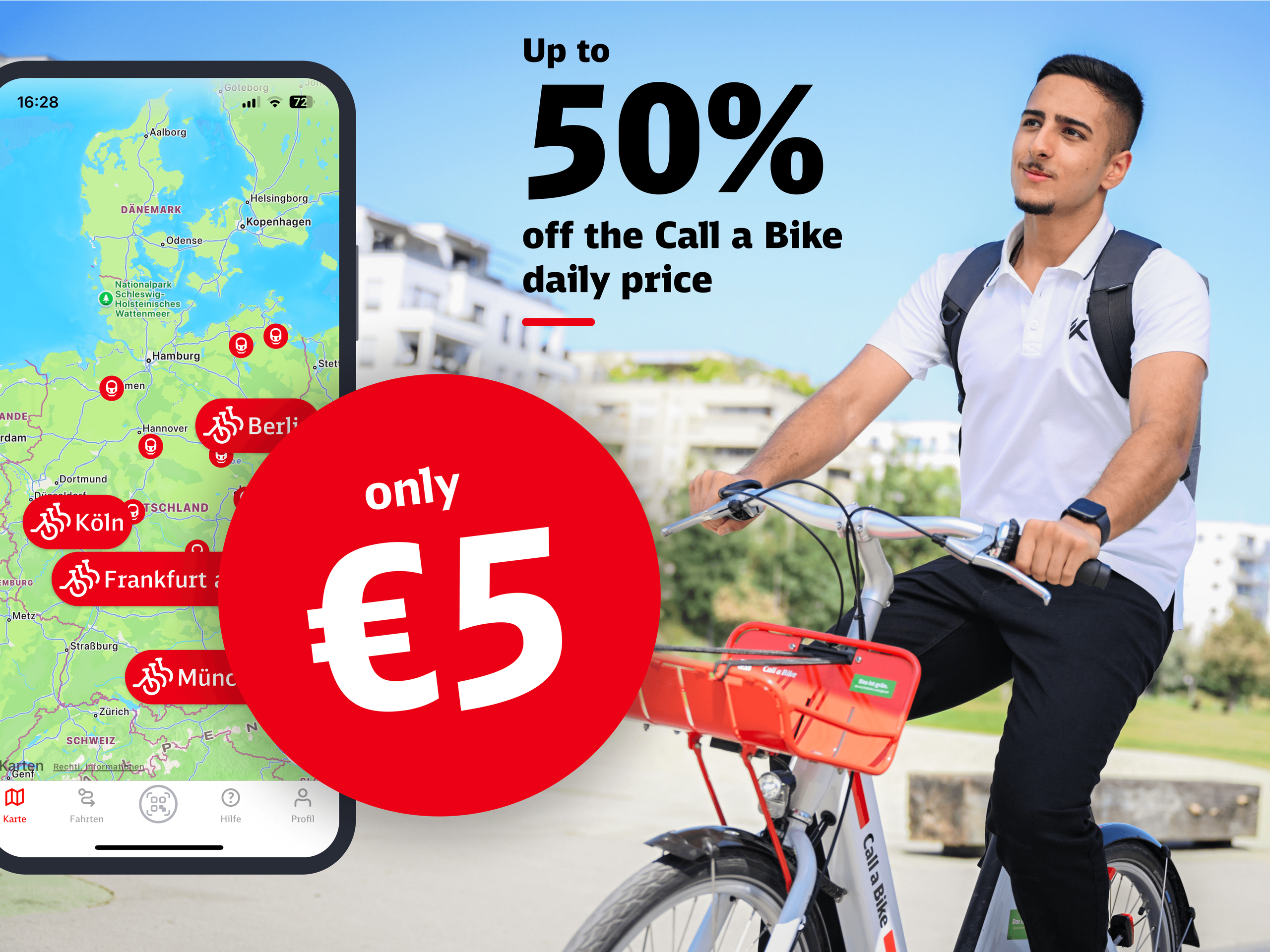 An image of a young man riding a Call a Bike through the park. Above the image, there is a phone screenshot displaying the Call a Bike app along with the text: Up to 50% off the Call a Bike daily price. Only €5.