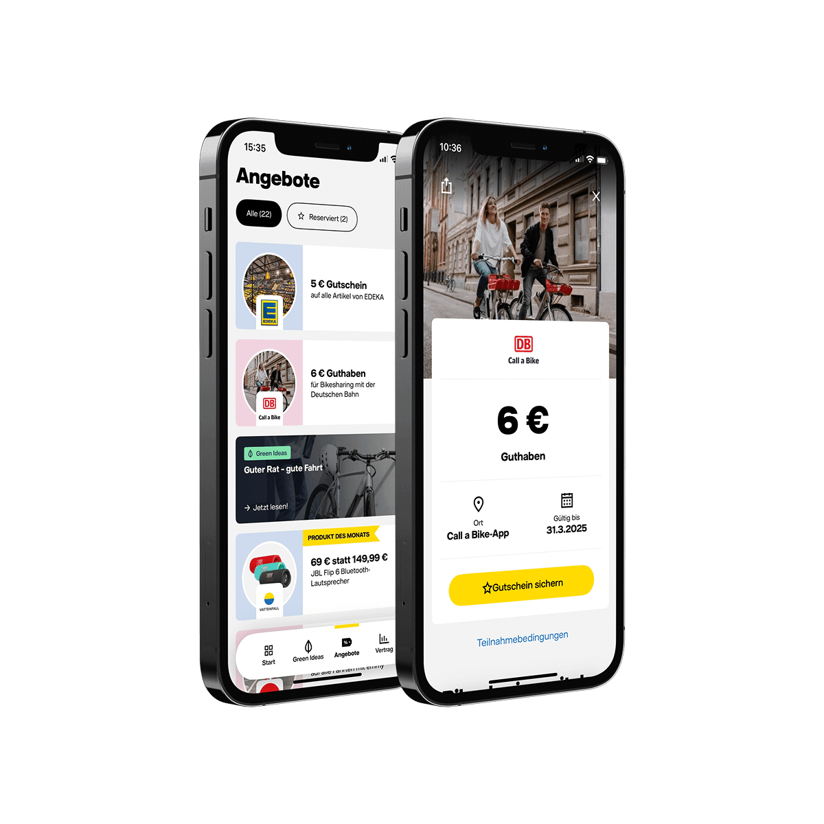 Auf zwei Smartphones sind Ansichten aus der Vattenfall my Highlights Welt zu sehen.